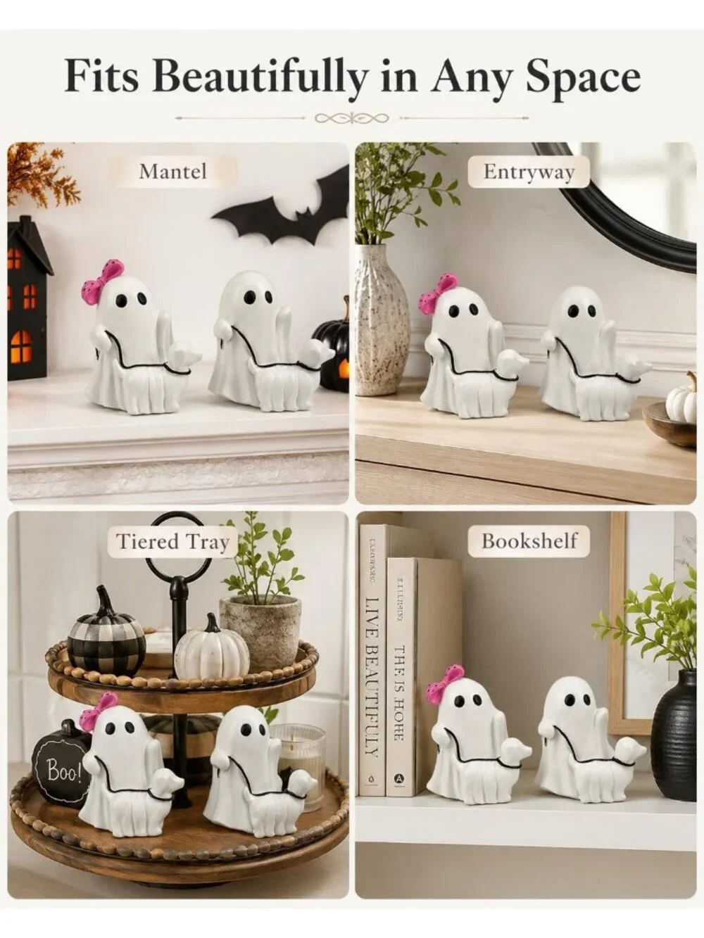 Ghost Walking Dog Halloween Figurine Cute Pink Bow Spooky Home Décor Statues